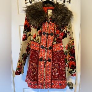Karelia Anthropologie Elevenses RARE Coat Faux Fur 8 Red Embroidered